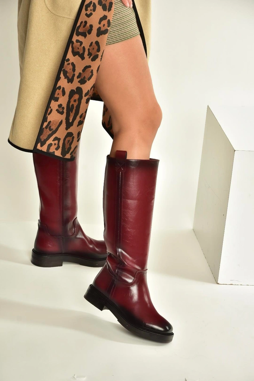 V312513560 Bordo Rustik Alçak Topuklu Kadın Çizme Bordo-rustik