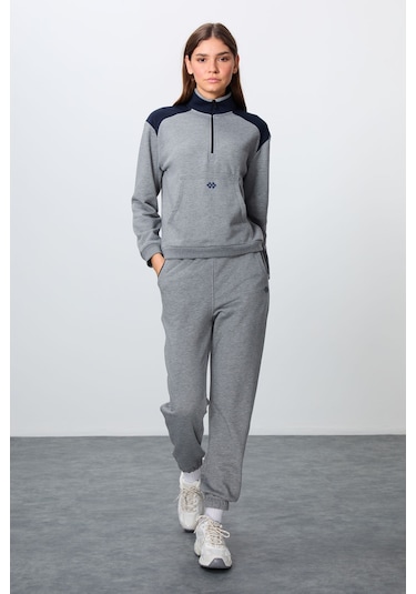 Tommy Life Gri Melanj Kompakt Pamuklu Kalın Pürüzsüz Dokulu Dik Yaka Oversize Fit Kadın Eşofman Takım - 95342 GRİ MELANJ