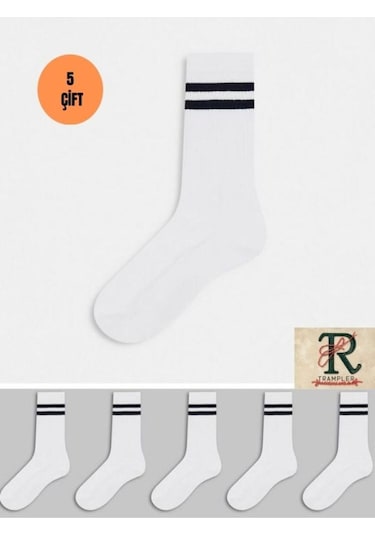 Trampler Kolej Çemberli Unisex Tenis Çorap 5'Li Beyaz