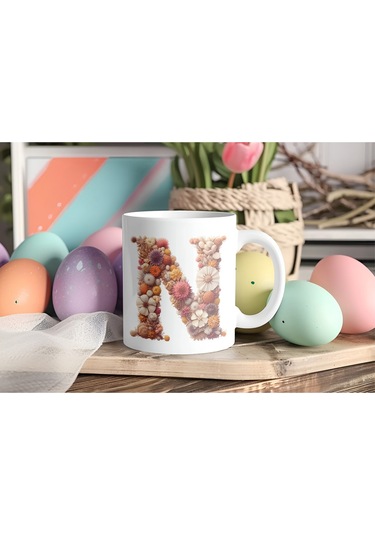 N Harfi Çiçek Desenli Kupa Bardak - Alfabe Harfleri İle Doğal Çiçekli Kupa - Hediye Fikir Beyaz