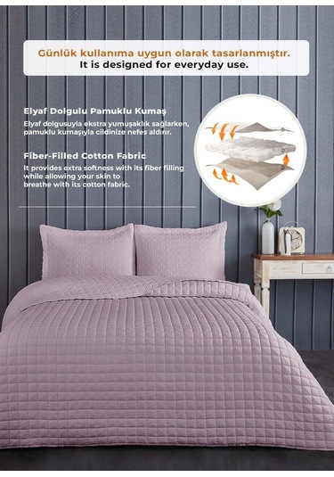 Evlen Home Joy Pamuklu Yatak Örtüsü Seti Çift Kişilik 3 Parça Elyaf Dolgulu Yumuşak Günlük Yıkanabilir Lila