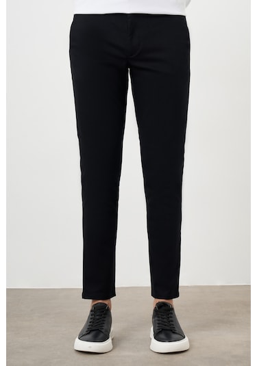 Morven Erkek Siyah Yazlık Pileli Slim Fit Chino Pantolon Siyah