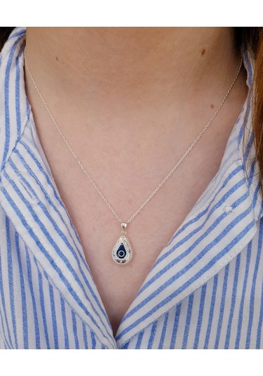 925 Ayar Gümüş Damla Model Nazar Boncuklu Gümüş Kolye