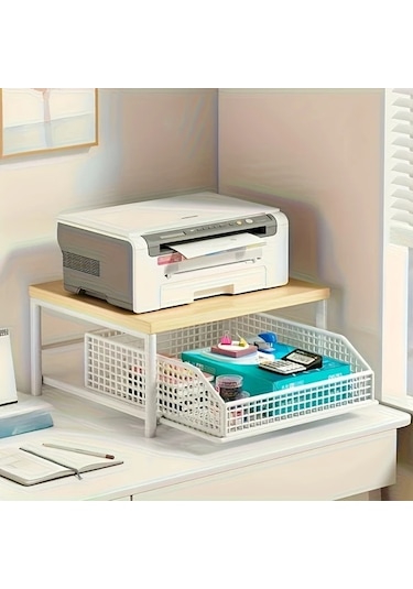 Honeybeeshop Siyah Metal Çerçeveli Ahşap Mikrodalga Rafı 37x26 Cm Çekmeceli Tezgah Düzenleyici