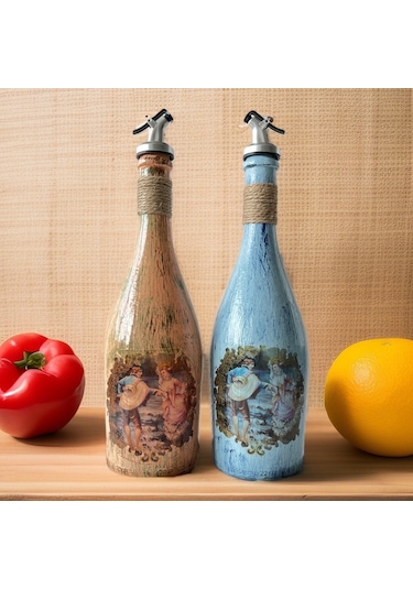 Desenli Sunum Stantlı 2'li 750 Ml Zeytinyağı Şişesi Yağdanlık