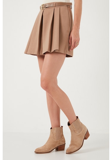 Lela Streç Standart Fit Pileli Kışlık Mini Bayan Şort Etek 611Sr00016 Taş