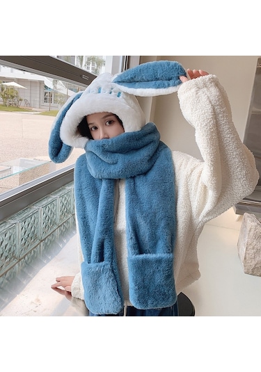 Şapka Takımı Eşarp Eldiven Şapka Kışlık Sıcak 3 Adet Set Tavşan Kulağı Peluş Kap Mavi