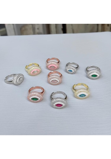 Pembe Mineli Ortası Taş Göz Gümüş Yüzük Pembe Altın