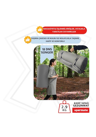 Xpermate Gezginmat Kamp Yatağı Taşıma Çantalı Kamp Matı 90x190x6 Gri