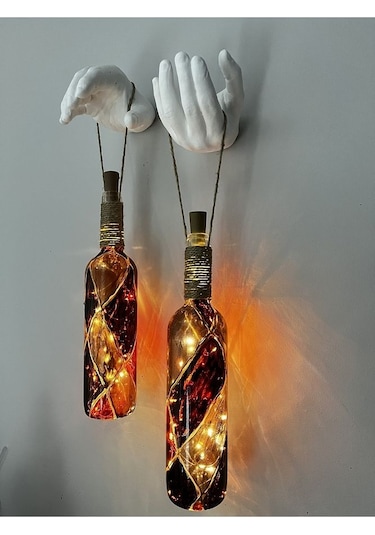 Heykel El Dekorlu Led Işıklı Kahverengi Vitray Cam Şarap Şişesi A Çok Renkli