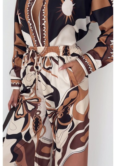 Modal Saten Kumaş Desenli Takım Kahverengi Kahverengi