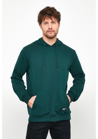 MMetalic Koyu Yeşil Erkek Kapüşonlu Kanguru Cepli Sweatshirt Yeşil