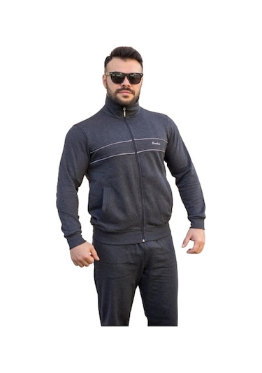 Antrasit Dik Yaka Nakış Detaylı Rahat Kalıp Fermuarlı Erkek Eşofman Takımı 21eestbbkt Antrasit