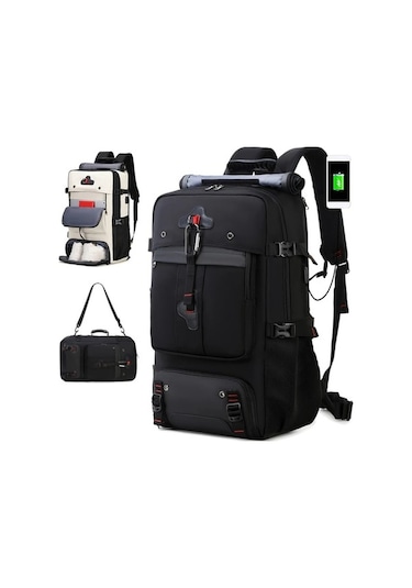 Pazly Çok Amaçlı Büyük Kapasiteli Siyah Gri Sırt Çantası Laptop Kılıfı Usb Şarj Portu Erkek Kadın İçin Yürüyüş Kamp Ayakkabı Bölmesi Dayanıklı Polyester Siyah - Gri
