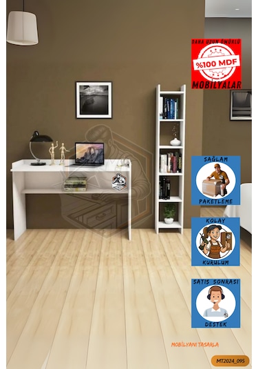 Tamamı Mdf Boy Kitaplıklı 6 Raflı Modern Çalışma Odası Seti