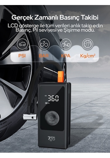 7go 7a3 Hava Pompası & Powerbank 150 Psı Ultra Basınç, Led Işıklı, Lcd Ekranlı, 4000mah Taşınabili