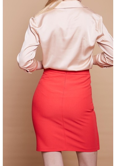 Yüksek Bel Anvelop Kruvaze Pamuklu Likralı Kumaş Kalem Ofis Etek -mercan - Mercan