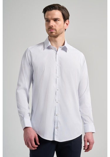 Beyaz Uzun Kol Desen Yarım İtalyan Yaka Cepsiz Esnek Classic Slim Fit Gömlek 1004245220 Beyaz