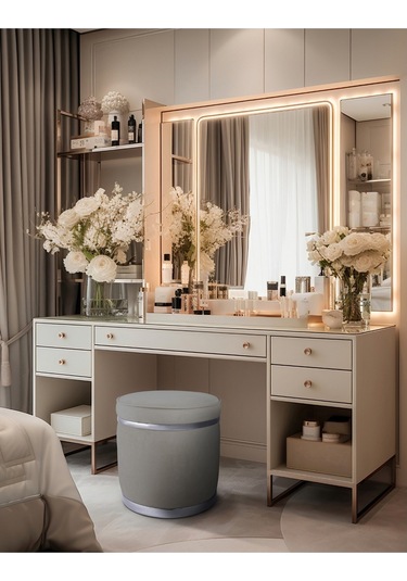 Zerafet Silver Kaplama Luxery Puf- Gri Babyface Kumaş Pofuduk Oturma Pufu&makyaj Pufu&bench