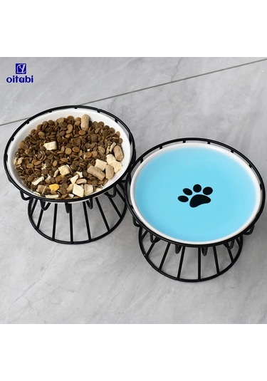 Willowhaven Yeşil Pençe Desenli Yükseltilmiş Seramik Kedi Kabı Metal Standlı