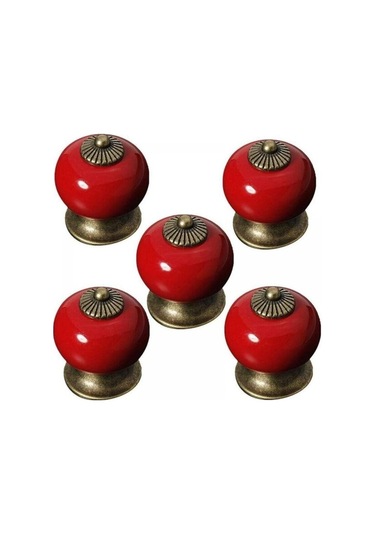 Dolap Kapağı Veya Çekmece İçin Kırmızı 5 Yuvarlak Seramik Düğme - Porselen Sap - Country Stili