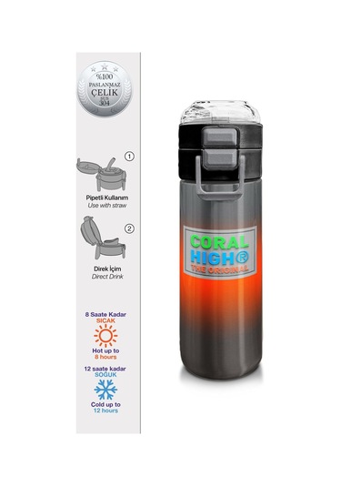 Coral High 500 Ml Gri Turuncu Renk Geçişli - Erkek Çocuk Paslanmaz Çelik Okul Termosu/suluk/matara Çok Renkli