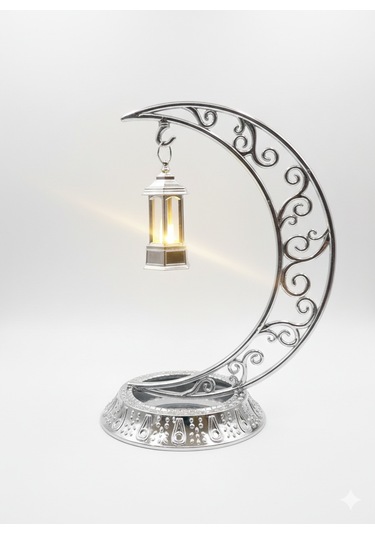Dekoratif 28 Cm Hilal Parlak Gümüş Ramazan Led Lamba 10 Cm Kancalı Set Diğer