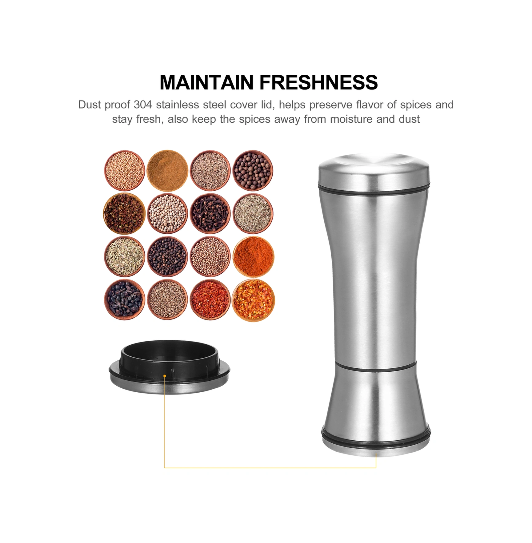 Yunboo 304 Paslanmaz Çelik Elle Biber Değirmeni - Mutfak Ve Restoran İçin Karabiber, Biber Tozu Öğütücü Flakon Gümüş