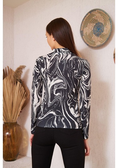Siyah Zebra Baskılı Uzun Kollu Bluz DM1019 Siyah