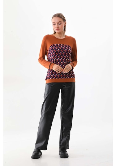 Sistas Kadın Desenli Uzun Kol Bluz 23618 Camel