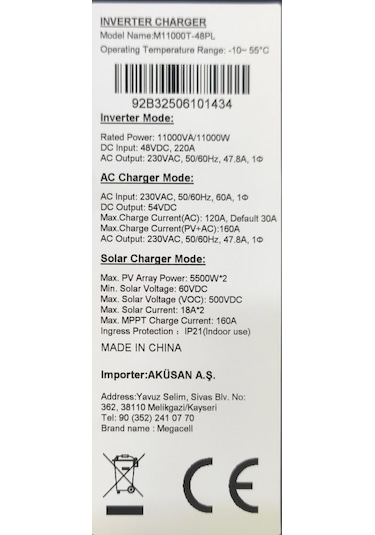 Megacell M11000t-48pl - 11kw 48v Mppt 160a Paralellenebilir Hibrit İnvertör