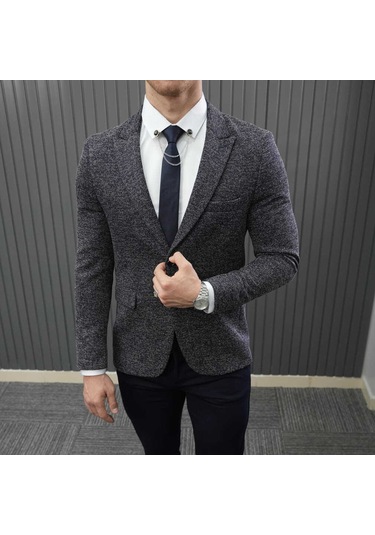 Bys Beystil Sivri Yaka Kırçıllı Lacivert Blazer Ceket Britanya - Slim Fit