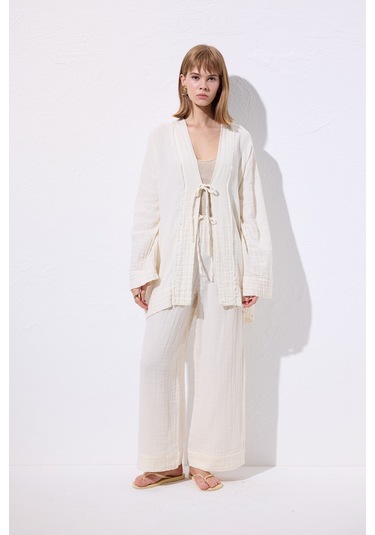 Müslin Geniş Kollu Kimono Bej Bej