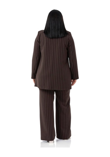 Büyük Beden Çizgili Kahverengi Ceket Pantolon İkili Takım Kahverengi
