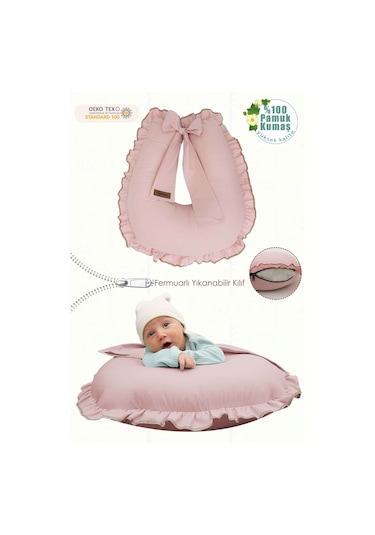 Mordesign Fırfırlı Emzirme Yastığı, Bebek Destek Minderi, Hamile Yastığı, Pamuk Kumaş, Ruffle Seri, Pudra Zg10201