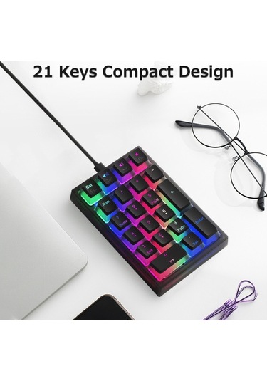 İblancod K10 21 Tuş Kablolu Mekanik Sayısal Klavye Rgb Arka Aydınlatma Efekti Mekanik Sarı Anahtarlar Puding Tuş Başlıkları Mavi