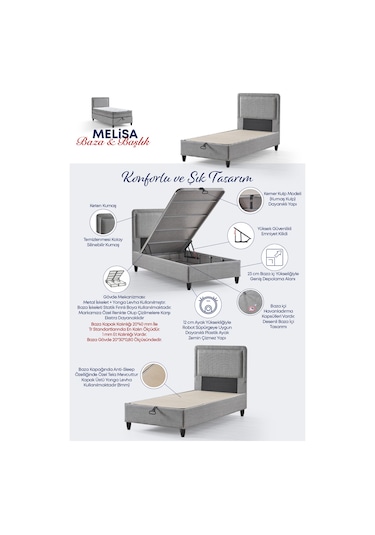 Melisa Tek Kişilik Sandıklı Baza Antibakteriyel Ortopedik Paket Yaylı Visco Yatak 3 Lü Set 90 x 190