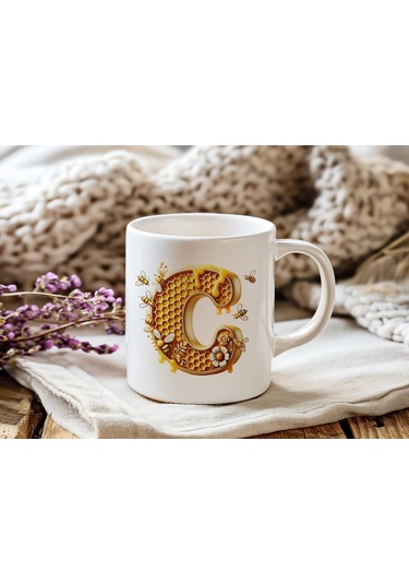 C Harfi Bal Arısı Tasarım Kupa Bardak - Bal Ve Petek Desenli Kişiye Özel Kahve Kupası - Hediyelik Beyaz