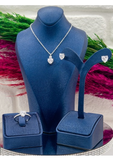925 Ayar Gümüş Kalpli Zirkon Taşlı 3 Lü Zarif Kadın Takı Seti Gümüş