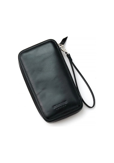 Carlye Hakiki Deri Siyah Uniseks Ön Cepli Bileklikli Fermuarlı Rfid Korumalı Çanta Siyah