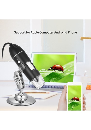 Otg Fonksiyonlu Usb Dijital Zoom Mikroskop Büyüteci, 8-led Işığı, 1600x Büyütme İle Standlı Büyüteç Siyah