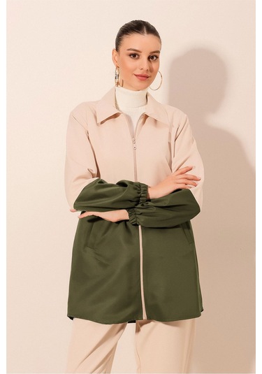 5909 Çift Renkli Mevsimlik Trençkot - Haki haki