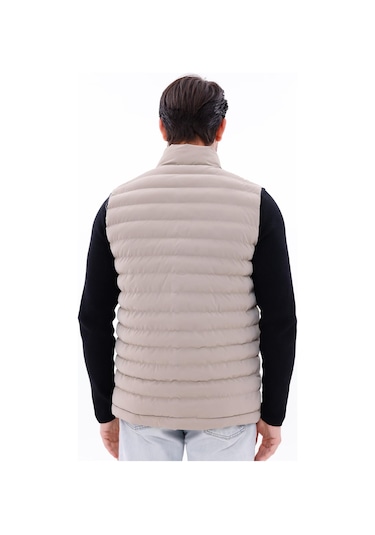 Erkek Nova Kumaş Şişme Yelek Hafif Dolgulu Fermuarlı Cepli Su İtici Rahat Kalıp Krem