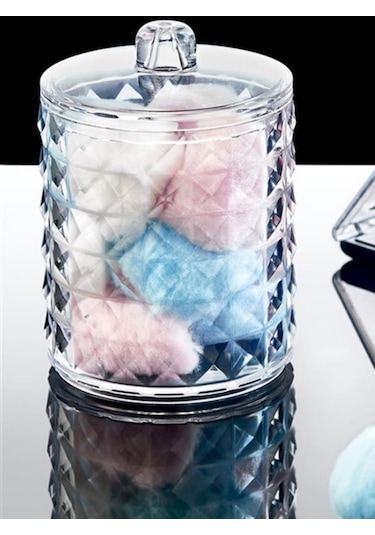 Flosoft Diamond 3 Lü Pamuk Organizer, Disk Pamukluk Makyaj Pamukluğu Kulak Çubukluğu 3 Lü Set Şeffaf