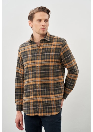 Hardal Yünlü Ekose Desen Yumuşak Yaka Cepsiz Uzun Kol Casual Comfort Fit Gömlek 1004245227 Hardal