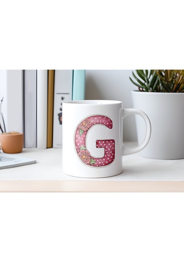 G Harfli Retro Çiçekli Kupa Bardak - Patchwork Tarz Yamalı Desenli İsme Özel Kupa - Hediye 07 Beyaz