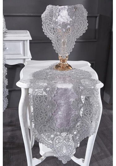 Fransız Güpürlü Kadife Luna Salon Takımı 5 Parça Gri Gri