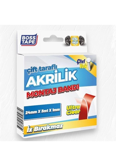 Boss Tape Çift Taraflı Akrilik Montaj Bandı- 18mmx3mt Şeffaf