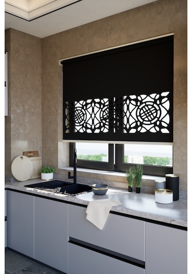 Lazer Kesim Mat Stor Perde, Lazer Kesimli Klasik Serisi, C-6008 Siyah Renk