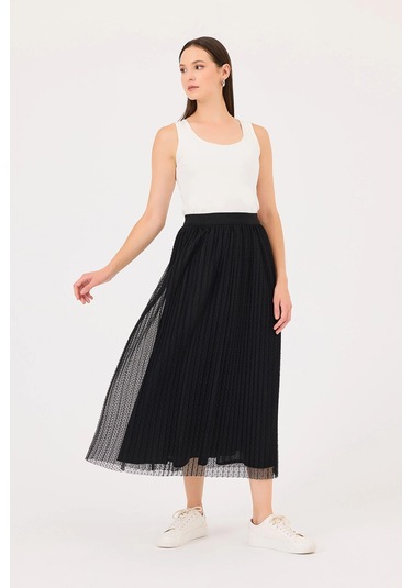 Seçil Kadın Elastik Bel Puantiye Desenli Pliseli Etek 0006 Siyah